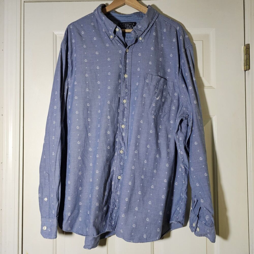 Nautica Mens Anchor Nautical Button Up Light Blue Long Sleeve Preppy XXL